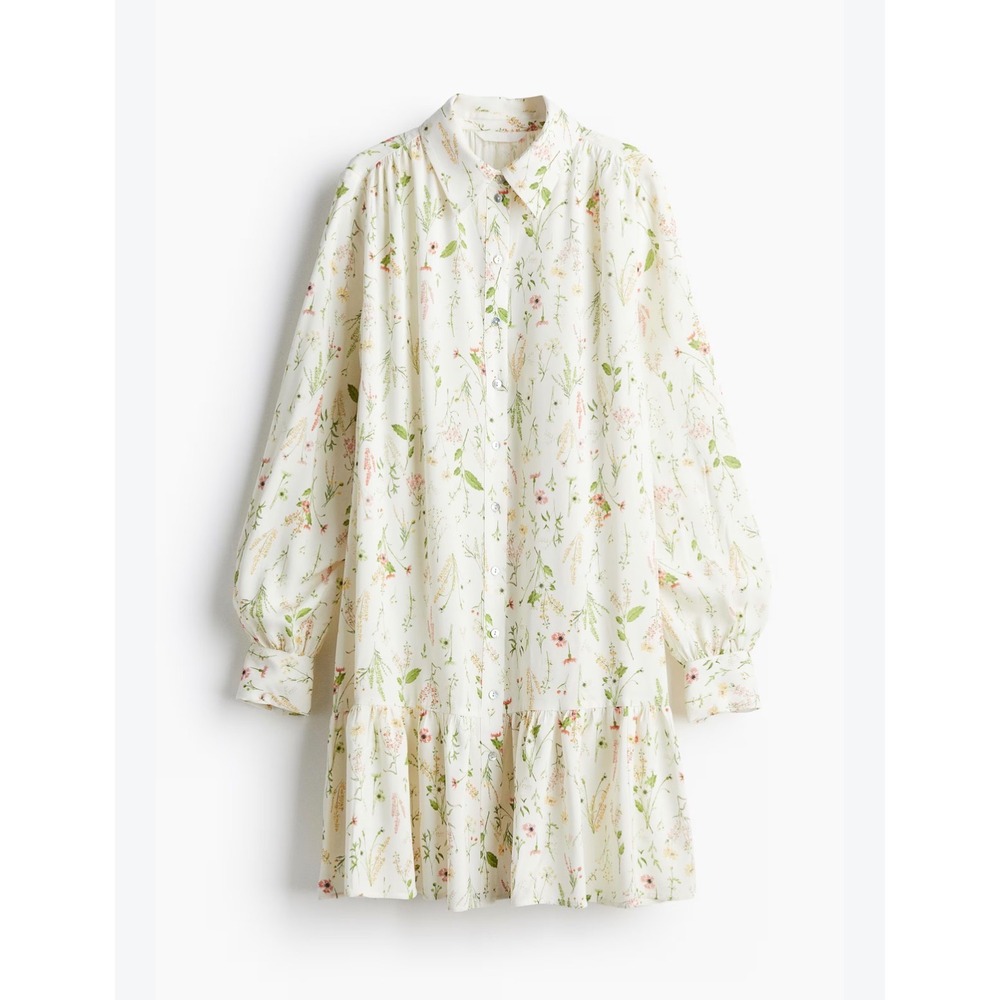 HM Floral Button Down Shirt Dress White Cream Wildflower Ruffle Hem Small